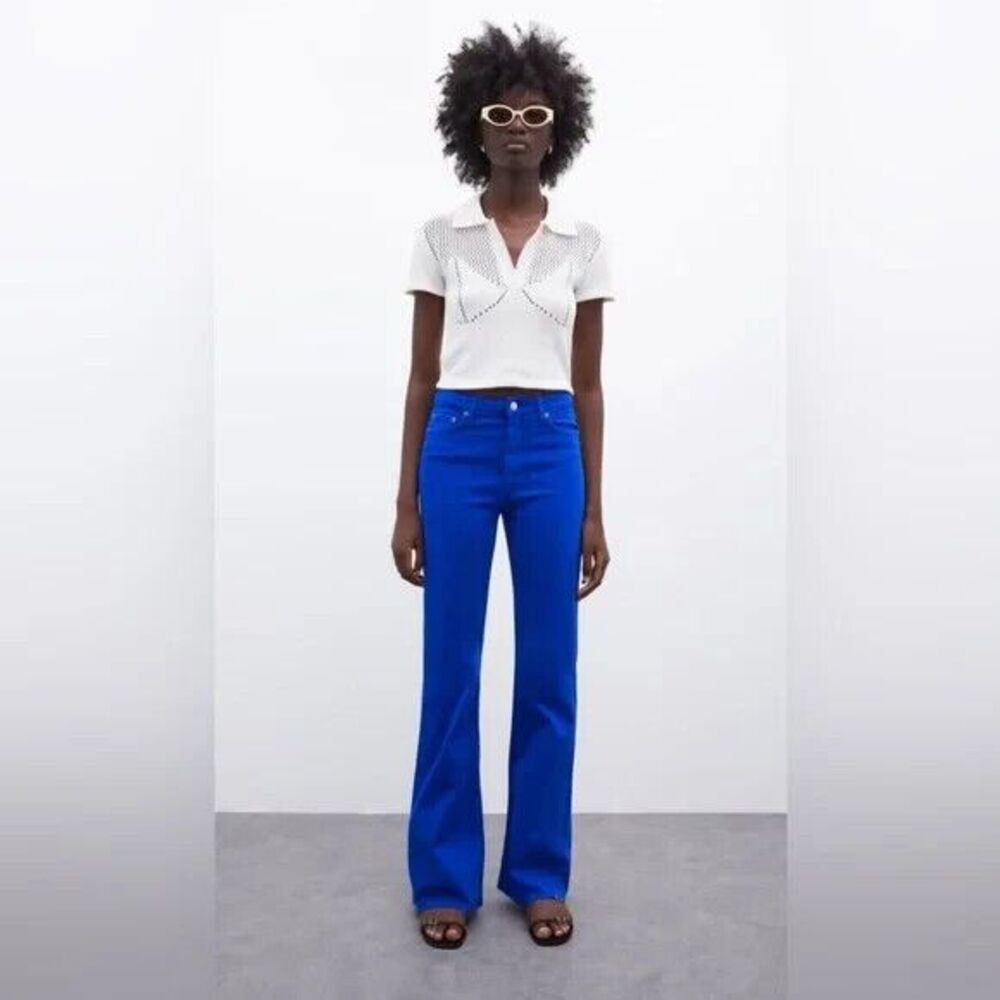 Zara Royal Blue High Waisted Jeans‎ Raw Hem Flare w/ Fringe Blue Size 8 Bright